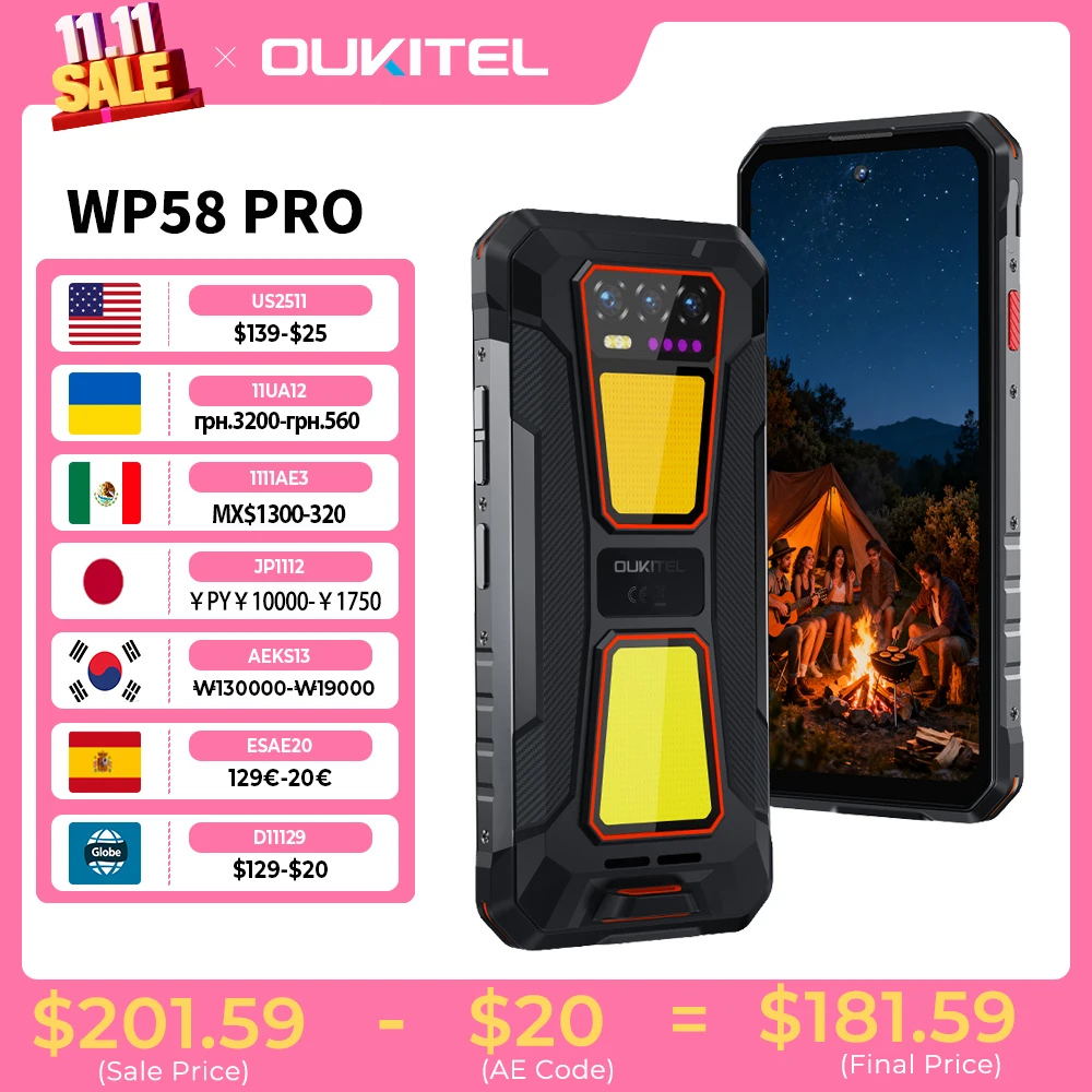 OUKITEL WP58 PRO 5G هاتف متين 24 جيجابايت (8 + 16) ذاكرة وصول عشوائي + 512 قراءة فقط، 6.7 بوصة HD 10000 مللي أمبير 33 وات أندرويد 15 NFC هاتف محمول مع مصباح تخييم مزدوج