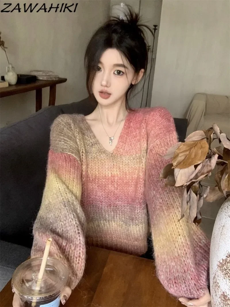 Vintage Japanese Sweet Contrast Color Gradient V-neck Long Sleeve Sweater Women Loose Fall Knitted Y2K Aesthetic Pullovers