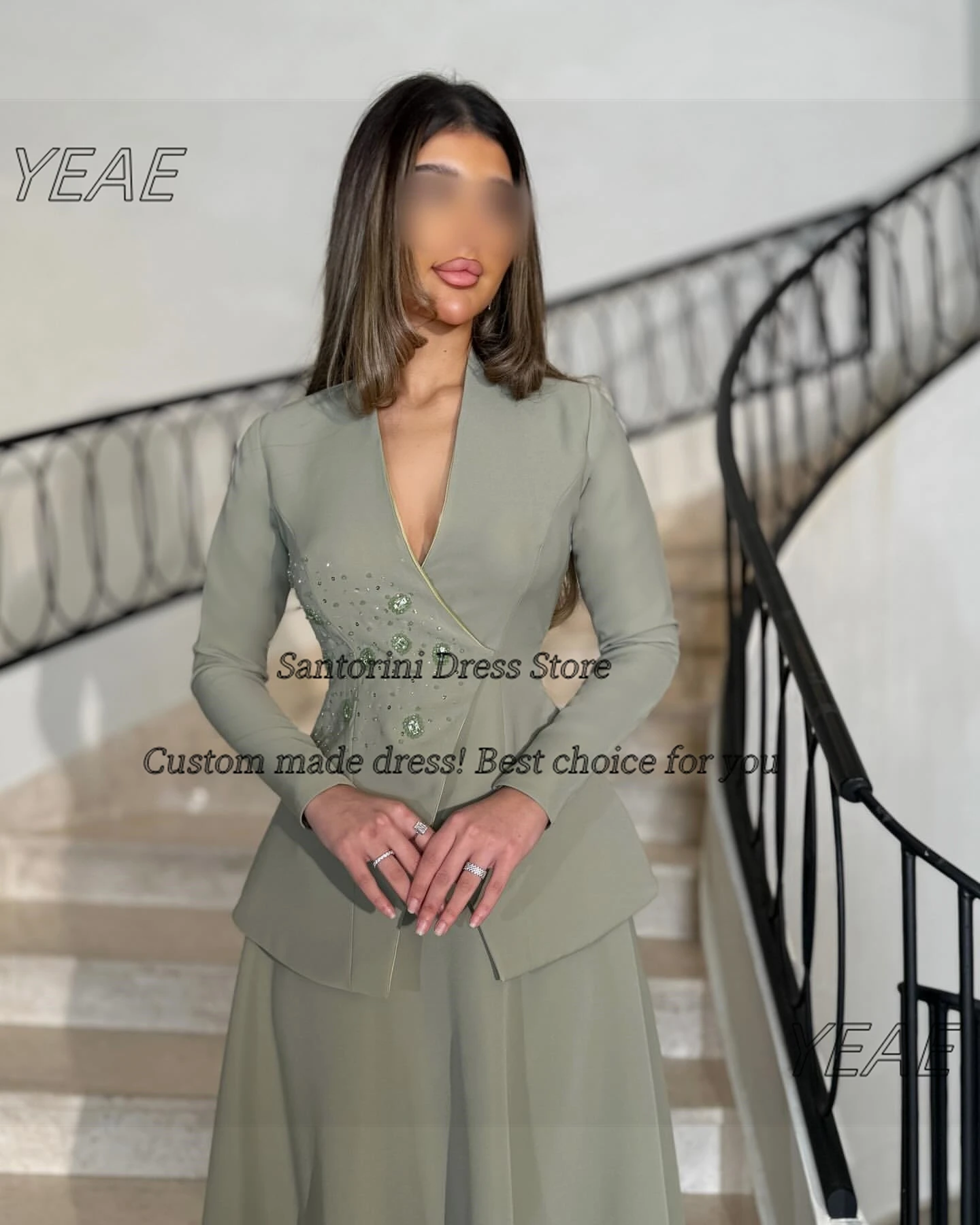 Santorini decote em v vestidos de baile com mangas compridas frisadas vestidos de noite comprimento do tornozelo duas peças vestido de festa personalizado