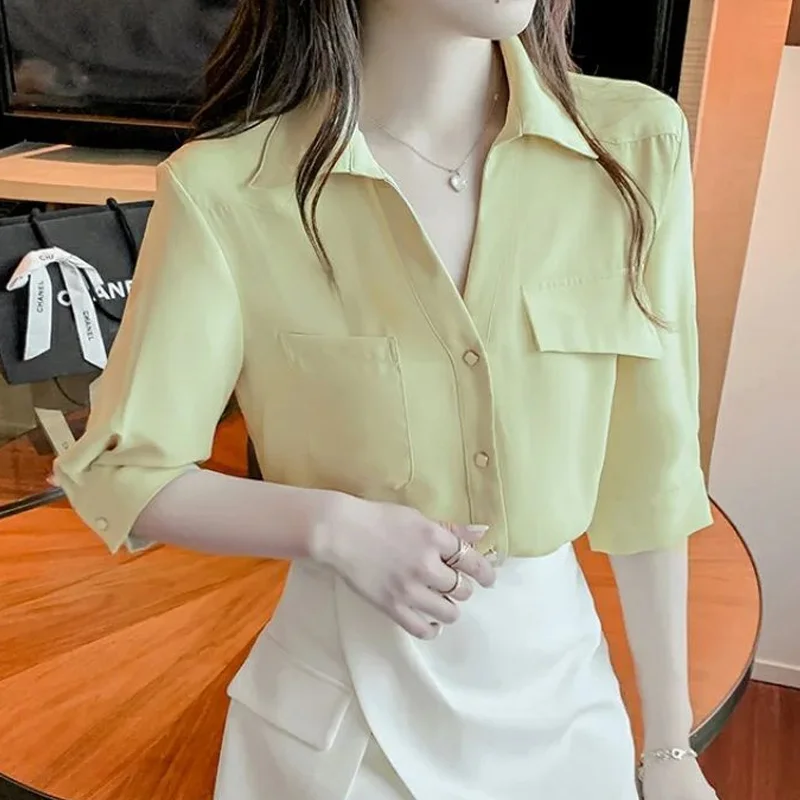 White Shirt Tops Women\'s Summer Short Sleeve Chiffon New All-match Polo Neck Solid Color Korean Blouse Fashion Sweet Clothing