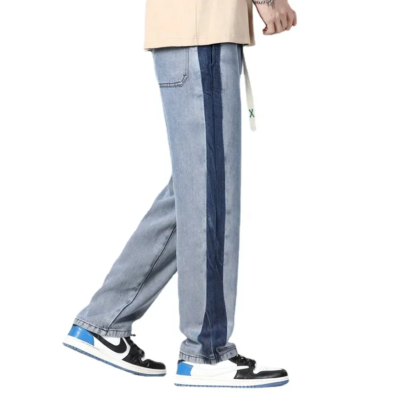 Spring Summer Soft Lyocell Fabric Men's Jeans Thin Loose Straight Pants Drawstring Elastic Waist Korea Casual Trousers