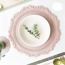 Silicone Placemat Round Flower Coffee Dinner Table Mat 34CM Embossed Pink Coaster Heat Resistant Kitchen Tableware Dining Mat