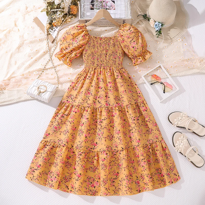 Summer  Dress For 8-12 Years Kids Girls Puffy Sleeves Yellow Floral Skirt Long dress Elegant Princess Birthday Party Daily Dress