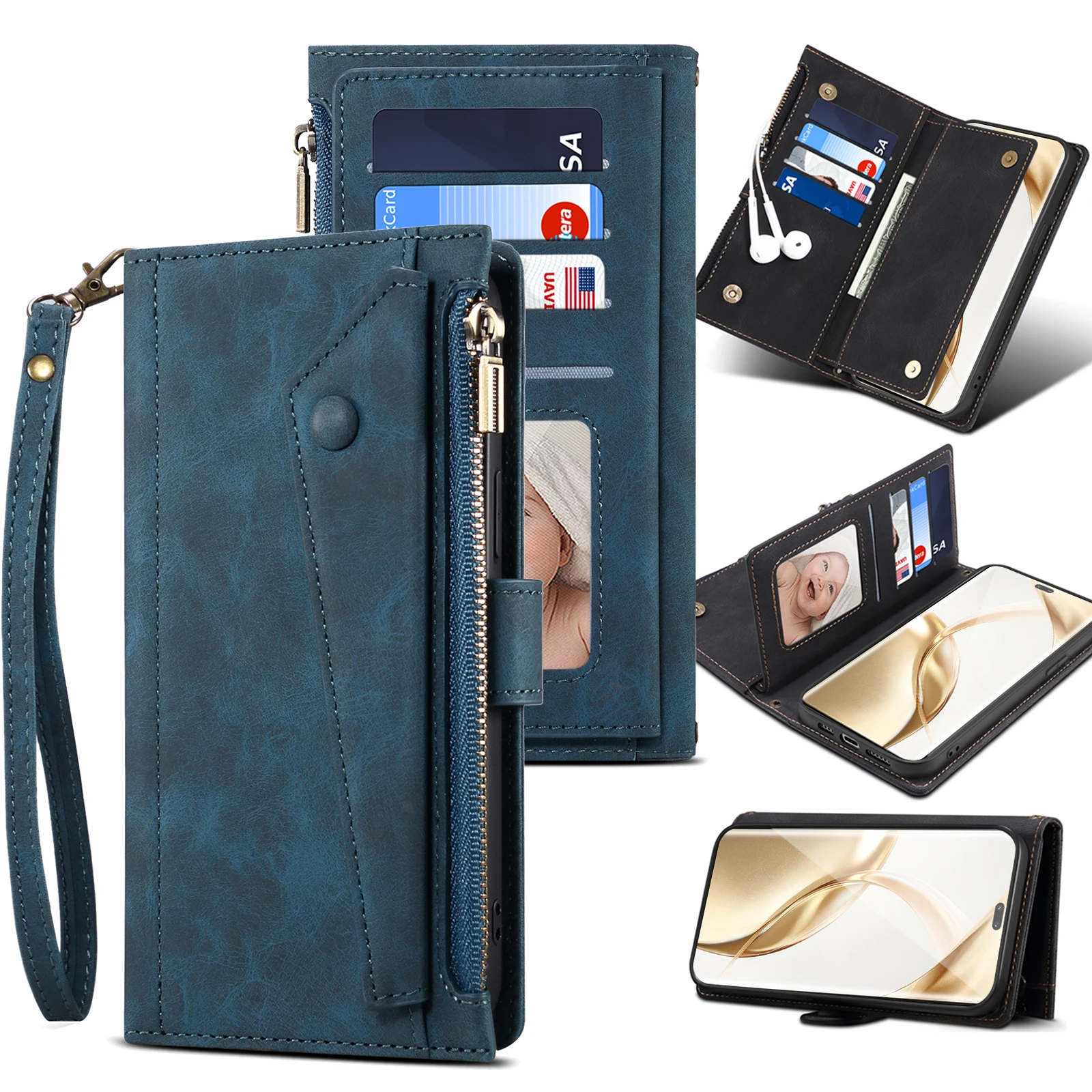 

Новинка, кожаный флип-кошелек на молнии для HONOR 200 PRO с 9 картами, чехол для телефона HONOR, с ремешком, бесплатно