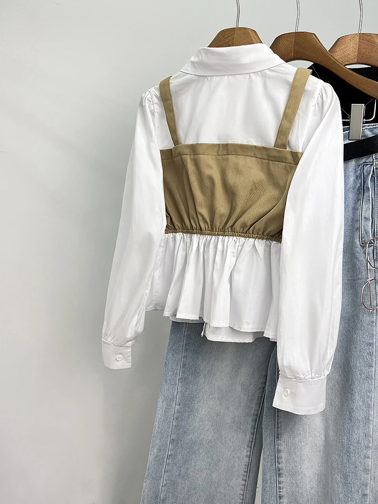 Fashionable Patchwork Shirt For Women 2024 New Fake Two-Piece Long Sleeved Tops Spring Autumn Commuting Simple Female Blouse