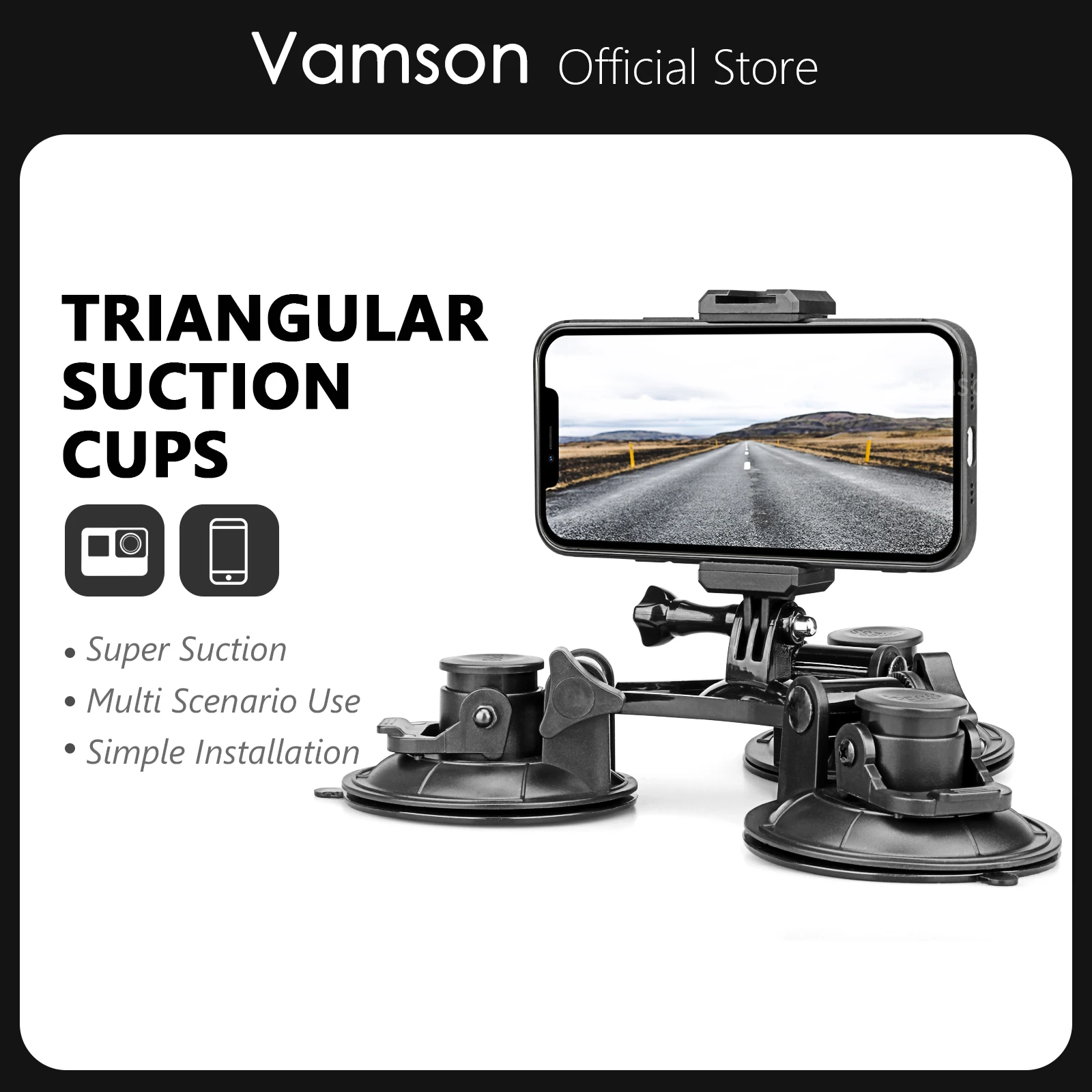 Vamson Triangle Sucker Car Phone Holder Mobile Phone Holder for Insta360 One X3 X2 for Go Pro Hero 11 10 9 8 Accessories VP525L