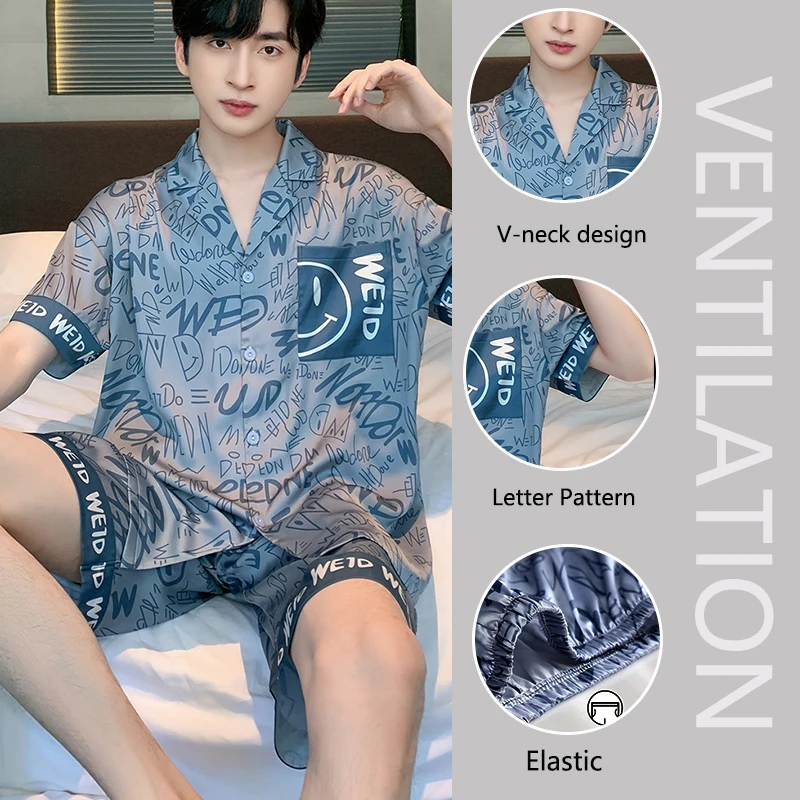 Large Size Men Pajamas Set Ice Silk Cartoon Bear Short-Sleeved Student Two-Piece Cardigan Lapel Smiley Letters 3xl Code Pajamas