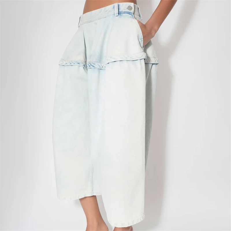 

2025 Summer New Women's pure cotton washed denim Loose Shorts y2k high-quality fashionable casual patchwork wide-leg capri pants