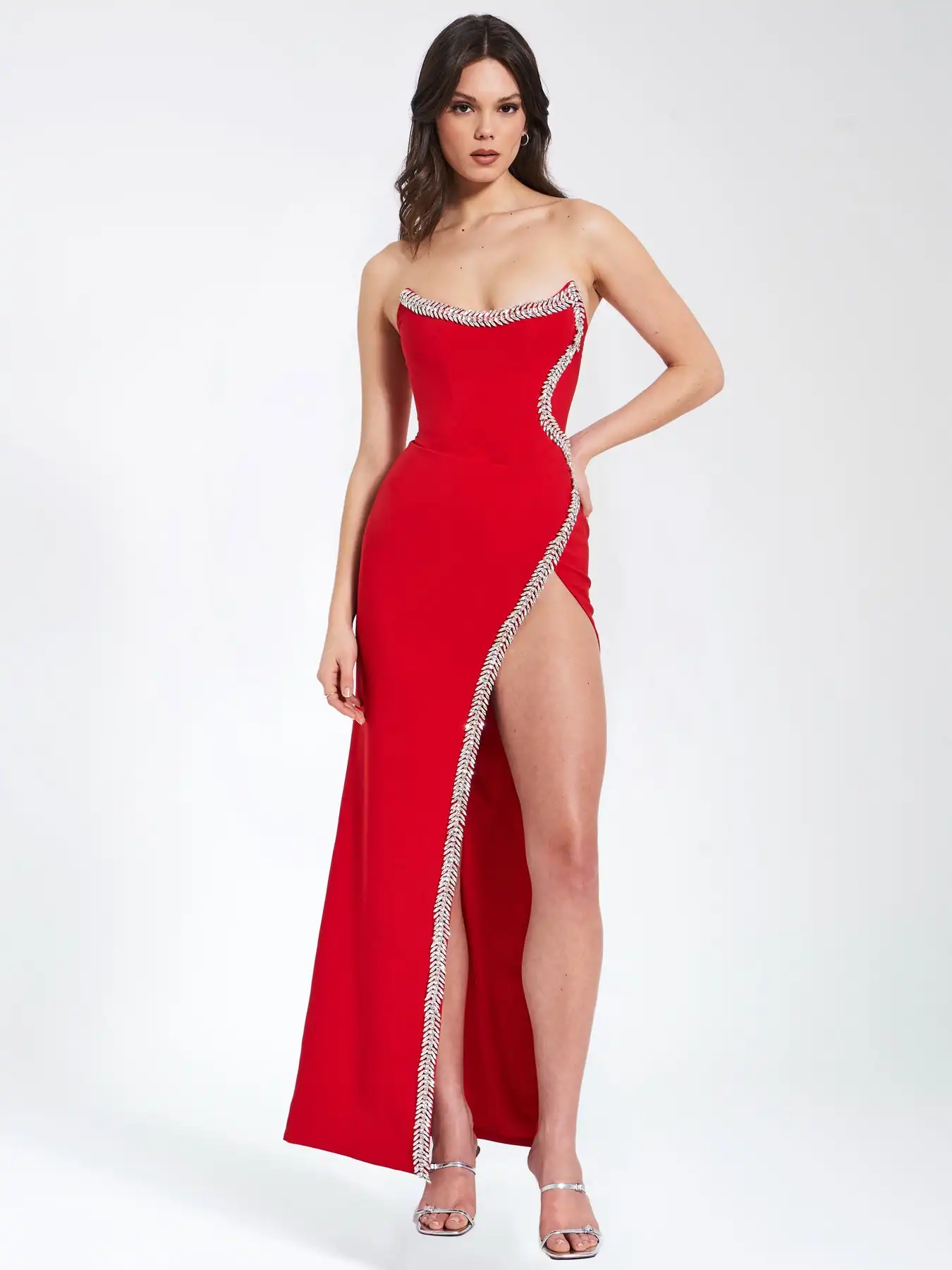 2024 New Arrival Red Color Women Sexy Strapless Diamond Line Bodycon Bandage Long Dress High Split Fashion Evening Party Outfit