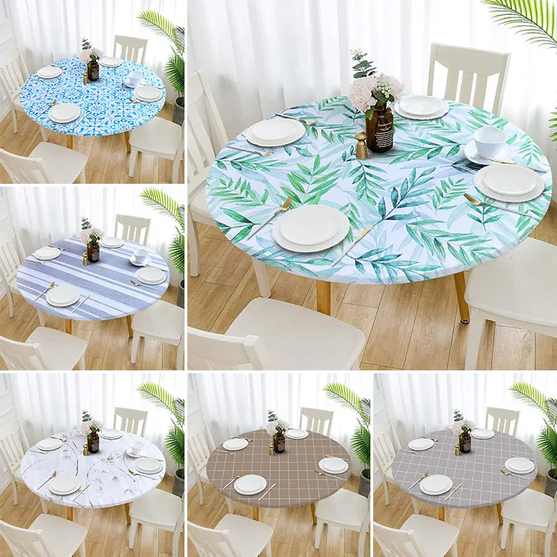 1pcs Elastic Edged Vinyl Fitted Tablecloth Round Flannel Backed Table Cover Oil & Waterproof Wipeable Table Cloth Dining Table