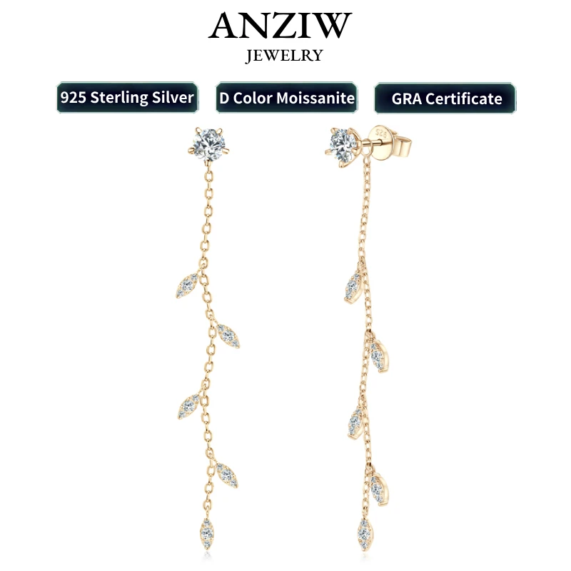 

Anziw Leaf Dangle Long Drop Earrings Silver 925 for Women Real Moissanite Chandelier Earrings Wedding Jewelry Korean Accessories