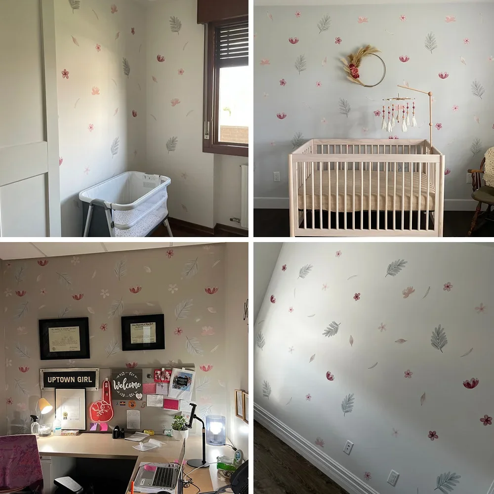 Boho Pink Floral Botanical Wall Stickers Decoration for Kids Room Living Room Interior House Decor Vinyl Wall Decals Art Mural