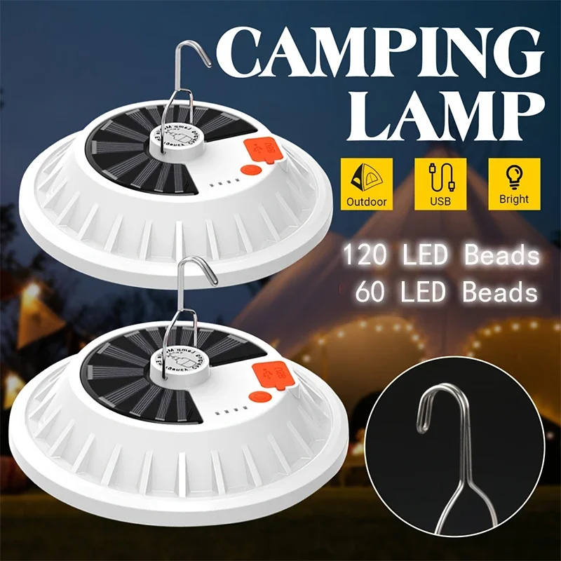 

Портативный солнечный светильник для кемпинга, перезаряжаемый, блок питания, крючок, 5 режимов, индикатор батареи, аварийное освещение в помещении и на открытом воздухе, палатка