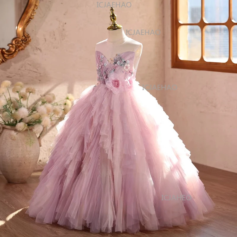 2026 Girls Host Piano Performance Dress Children Evening Gown Kids Birthday Flower Princess Pageant Formal Party Attire Outfit