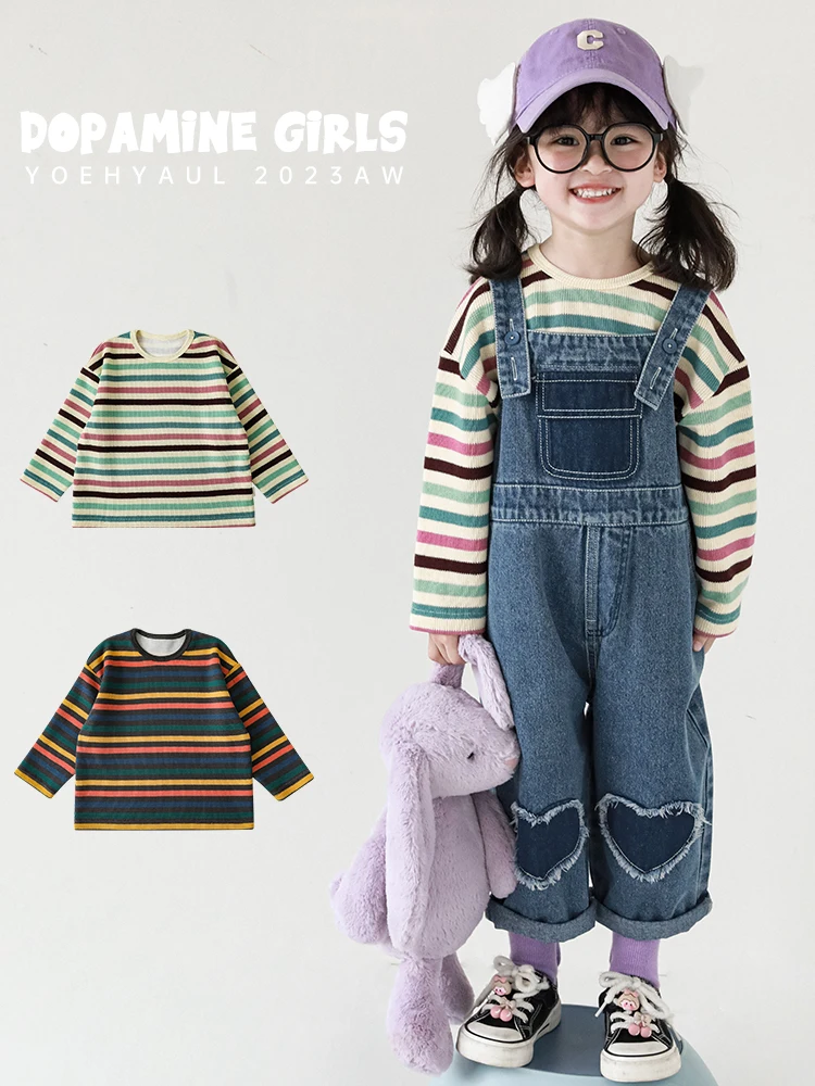 

2023 Autumn New Children Rainbow Knit Stripe T Shirt Girls Long Sleeve Top