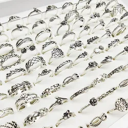 30pcs/Lot Factory Wholesale Finger Rings For Women Vintage Silver Plate Smile Face Jewelry Carved Hollow Flower Ring Girl Party