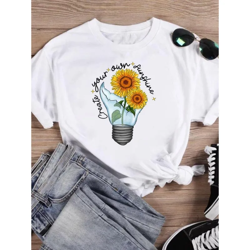 

European and American Clothing Top Flower Print Cute Short-sleeved T-shirt Women Clothing Oversized T Shirt Tops