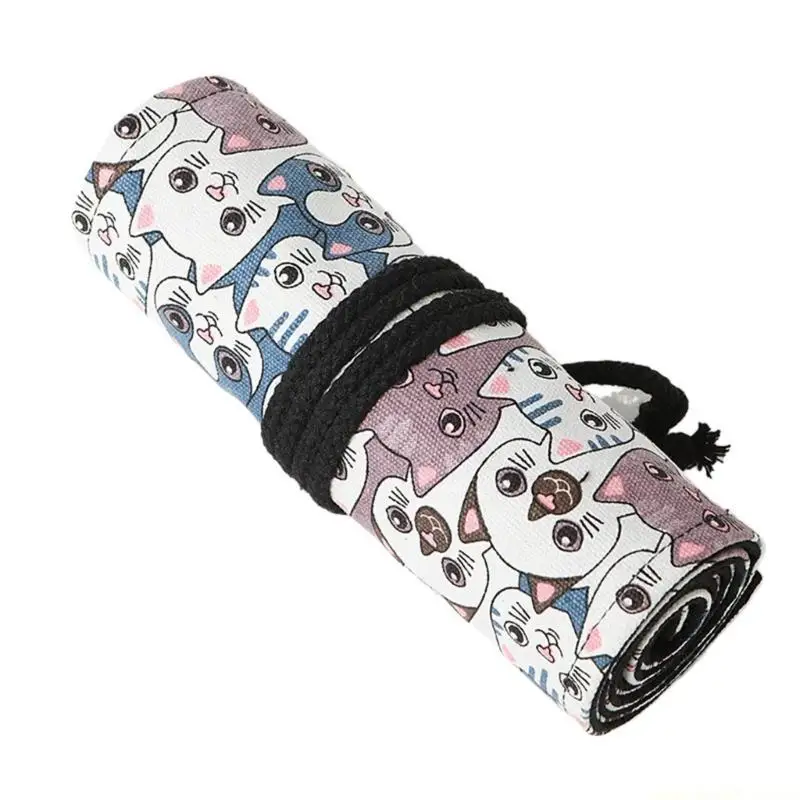 12/24/36/48/72 Holes Cats Pencil Wrap Case Pencil Roll Bag Drawing Pen Organiser
