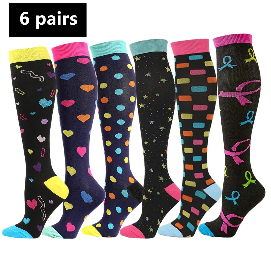 6pairs  Mountain Hiking Eye Print Knee High Compression Socks Men Women Athletic Support Socks For Gym Cycling Yoga