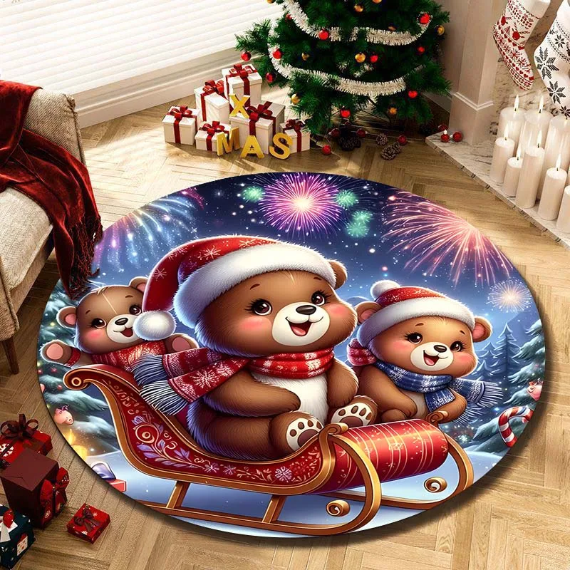 Bear Sled Christmas Print Round Carpet for Living Room Rugs Anti-Slip Foll Mat,Rugs for Bedroom Sofa Table Home Area Rug Holiday