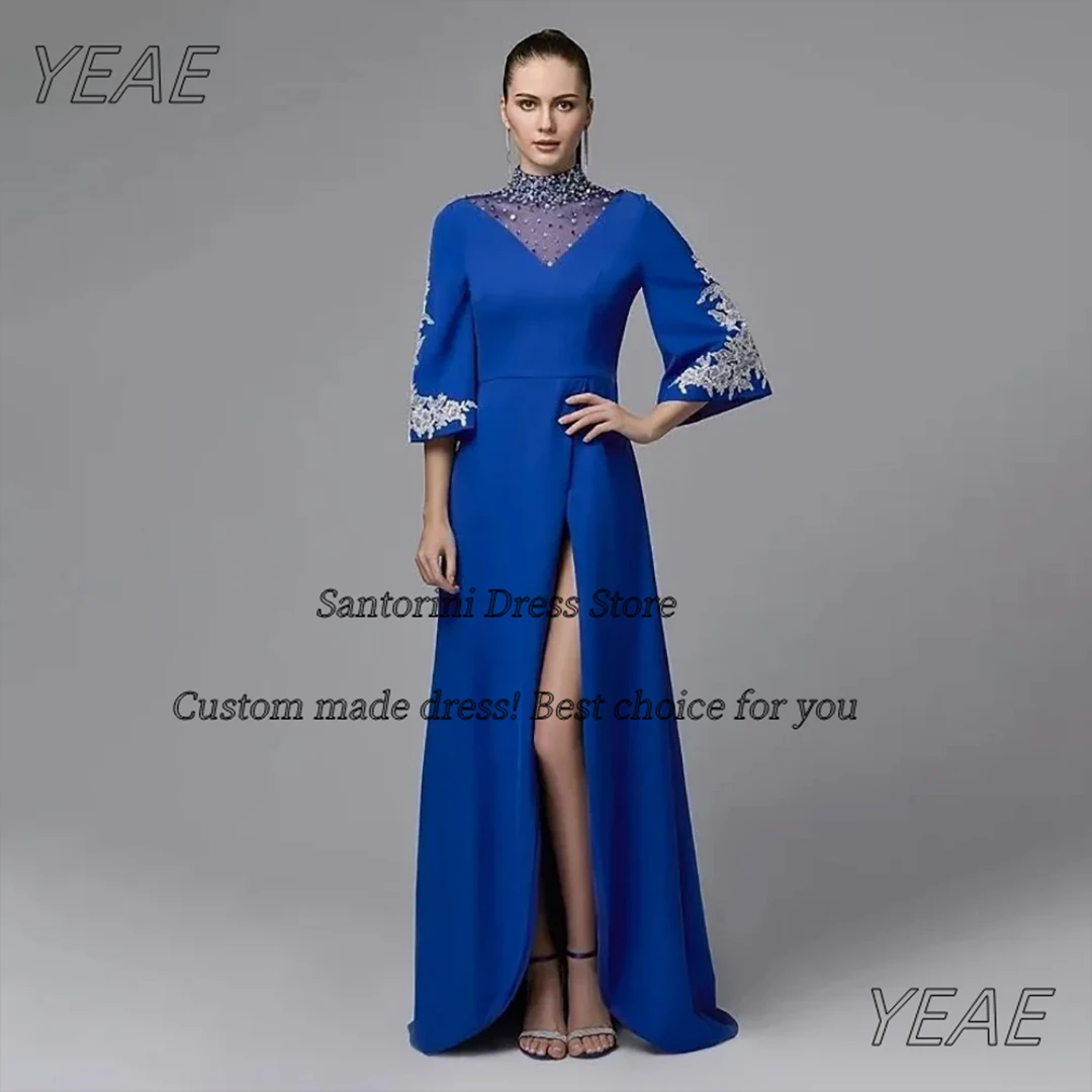 

Santorini Royal Blue Evening Dresses Beaded High Collar Prom Dress with Applique Three Quarters Wedding Party Gowns Customized