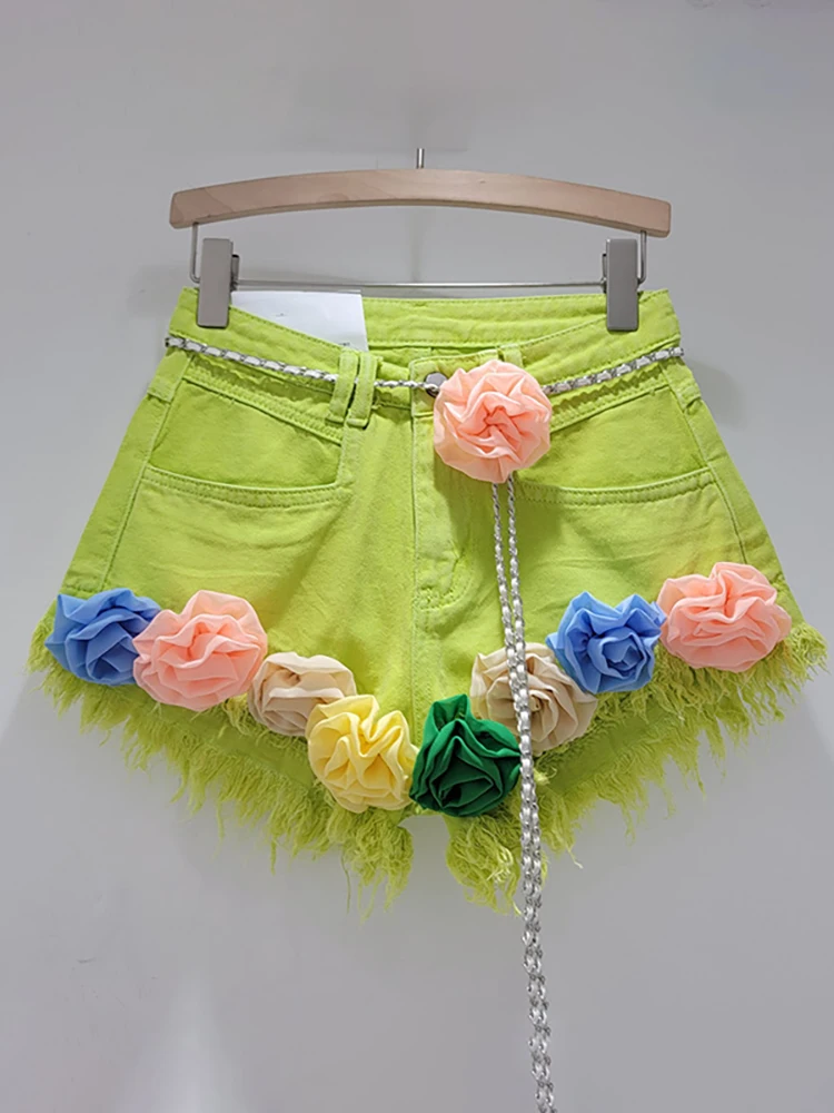 Imagem -04 - Deat-shorts Jeans Femininos Flores Coloridas Cinto Torcido Rebarbas de Cintura Alta Calças Curtas de Perna Larga Nova Moda 29l7245 Outono 2023