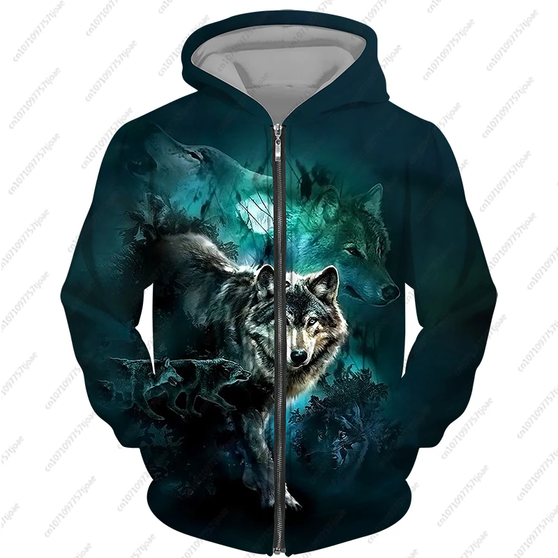 2024 New Men\'s Zipper Hoodie Wolf Fashion Jacket Animal 3D Print Pattern Sweatshirt Street Apparel Casual Clothes Men Clothing