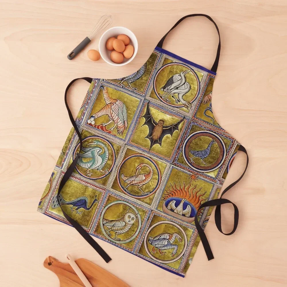 

MEDIEVAL BESTIARY, FANTASTIC ANIMALS IN GOLD RED BLUE COLORS Apron women's kitchens cookings for women work ladies Apron