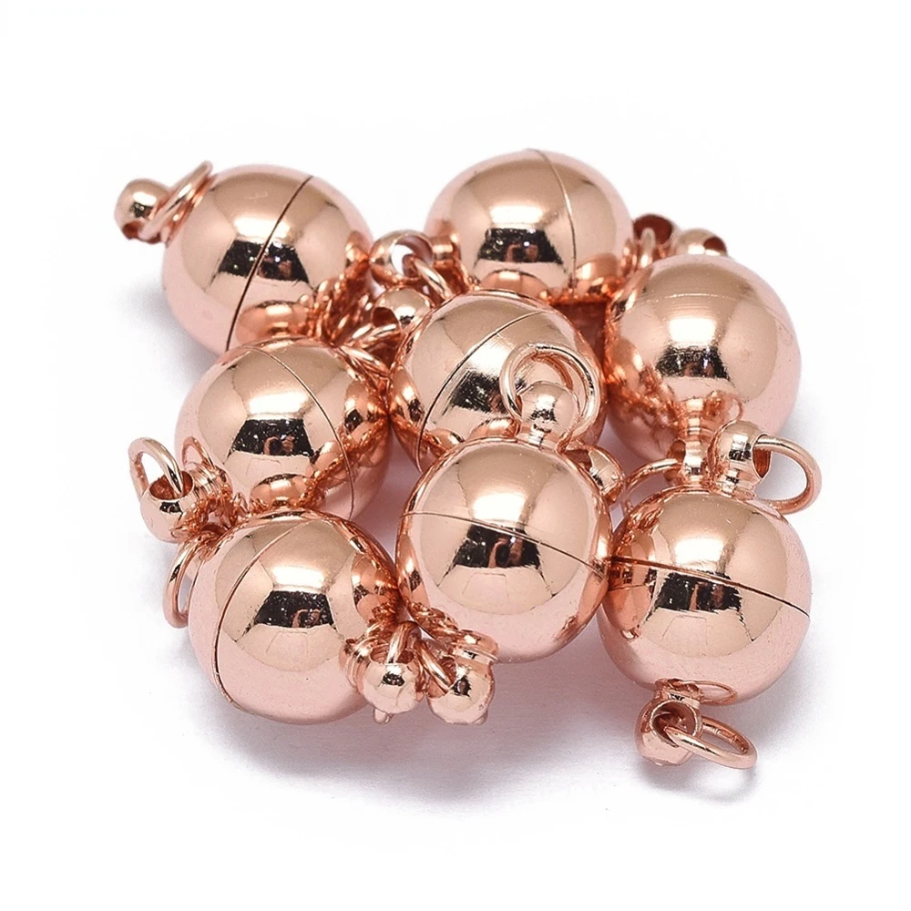 2Set Rack Plating Brass Magnetic Clasps N45 Grade Strong Magnet with Soldered Jump Rings Plated Round Real Rose Gold Plated