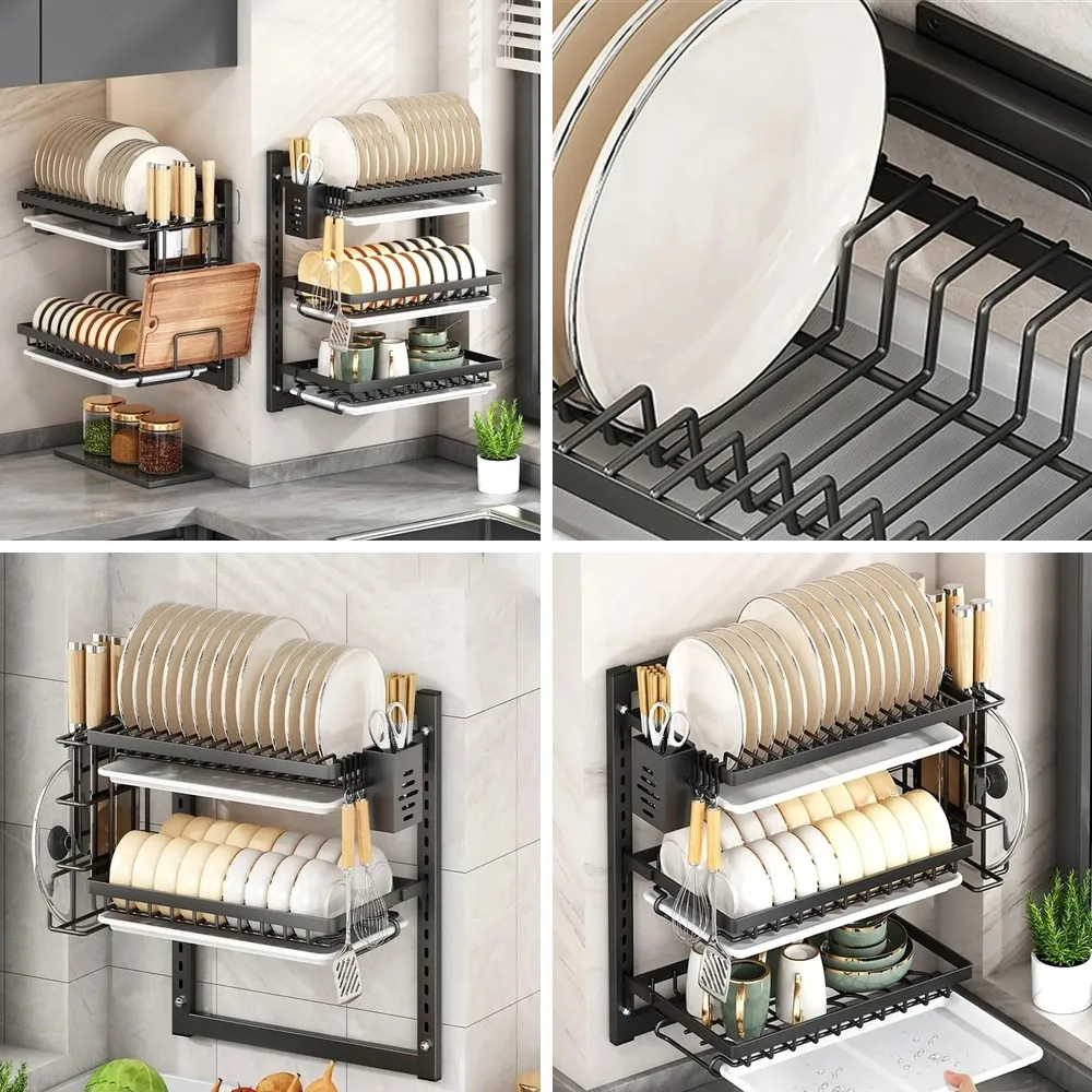 

Multifunctional Wall Mounted Dish Drying Rack 2 Layer Rust-Proof Utensil Holder No Drilling Compact Drain Tray Household