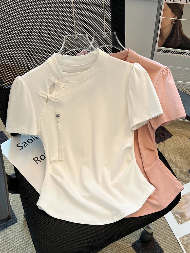 新しい中国風スレオルトスヴェティート女性用サマーラウンドネックボタンアップトップス、肩丈ストレートカットベーシックカラーブロ