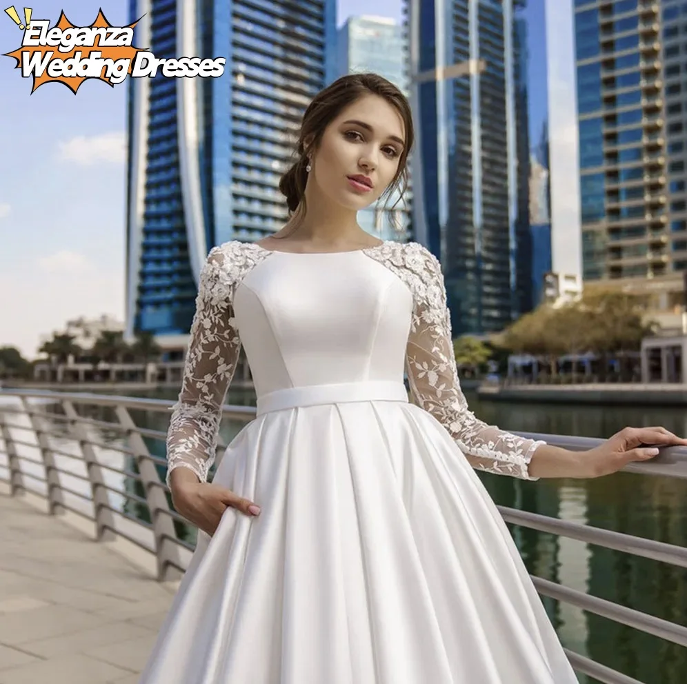 فساتين زفاف مخصصة دانتيل كم طويل ساتان فستان عروس مع حزام نسائي أنيق رداء حفلات الزفاف Vestidos De Novia 2025