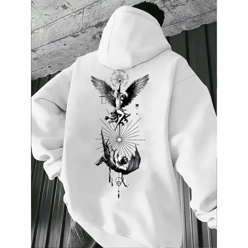 Men Autumn Winter Hoodie Angel and Devil Vintage Graphic Print Pullover Sweatshirt Long Sleeve Streetwear Casual Hooded Tops