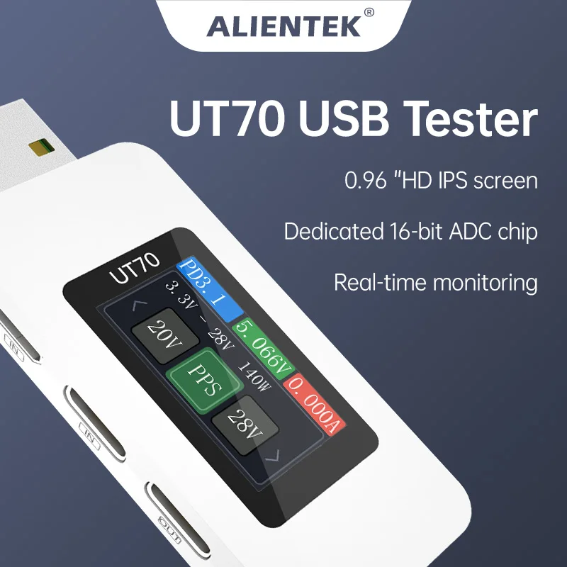 ALIENTEK UT70 USB Tester Digital Voltmeter Ammeter Capacity Measurement Waveform Display Electrician TYPE-C Fast Charge