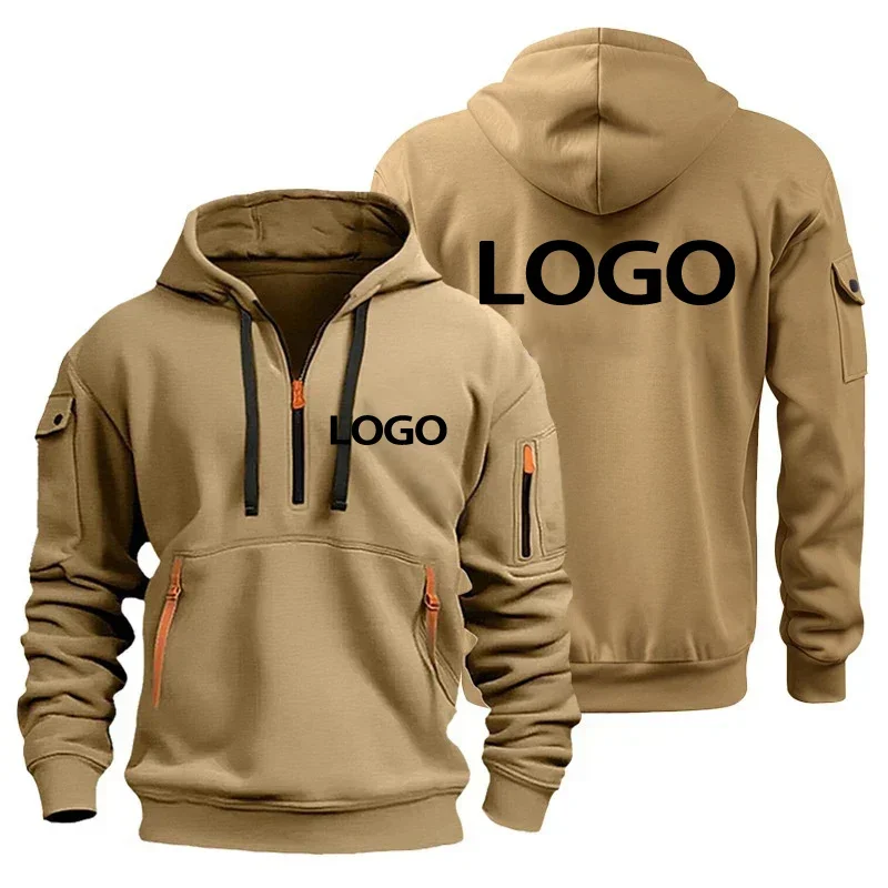 

European New Men's Sports Zipper Arm Pocket Loose Casual Sweatshirt Customize Your Logo Dropped Shoulder Hooded Jacket Pullover