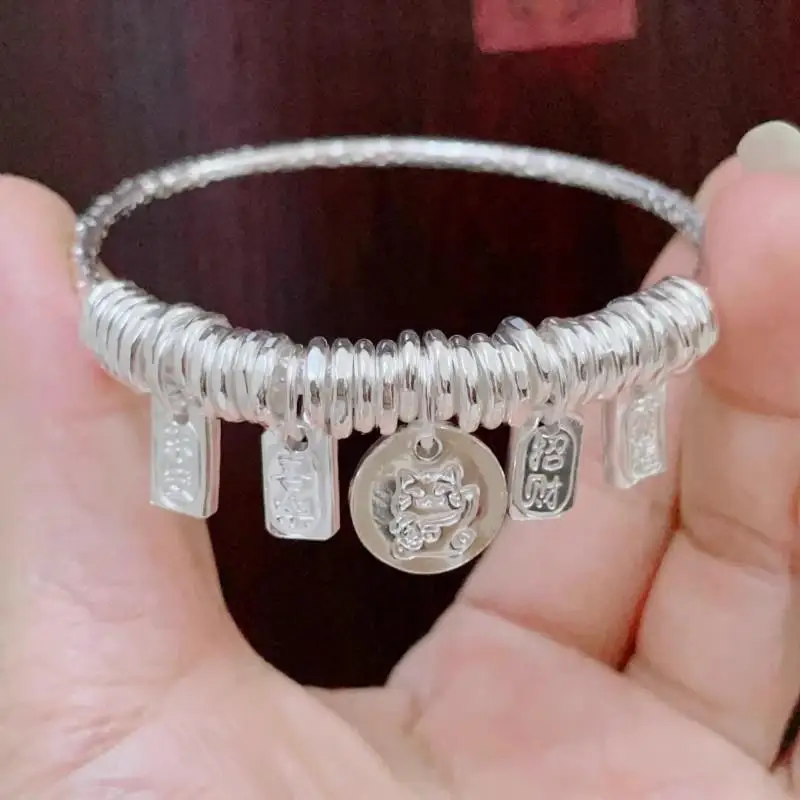 9999 Beaded Coiled Lucky Inscription Bracelet Women, Fortune Charm, Peace And Joy, Wealth-Attracting Silver
