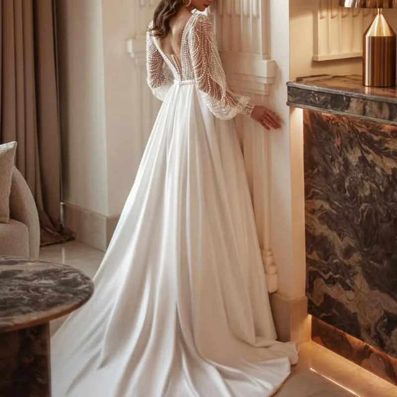 Vestidos de casamento brancos brilhantes fora do ombro o espartilho rendas mangas compridas sem costas vestidos de noiva multi-camada feita
