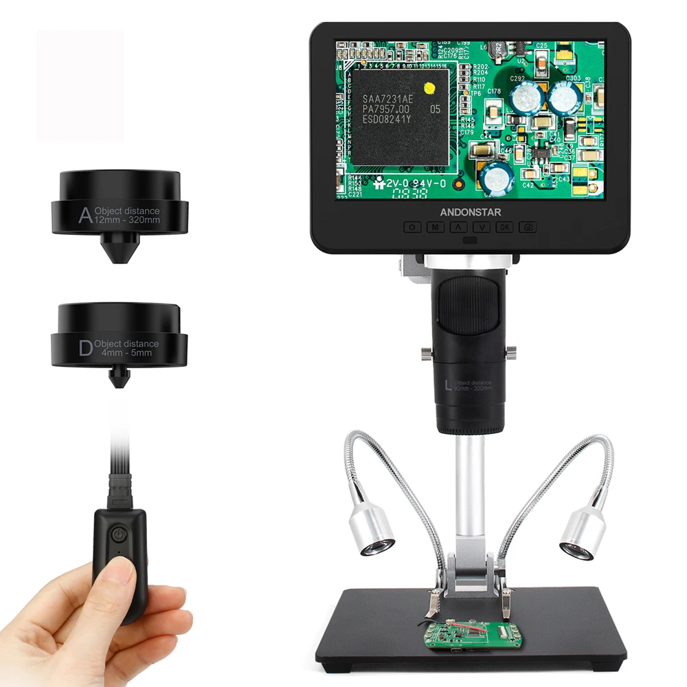 Andonstar AD246S-M HD-MI Digital Microscope 2000x for Adults 3 Lens 2160P UHD Video Record 7 Inch LCD Soldering Microscope