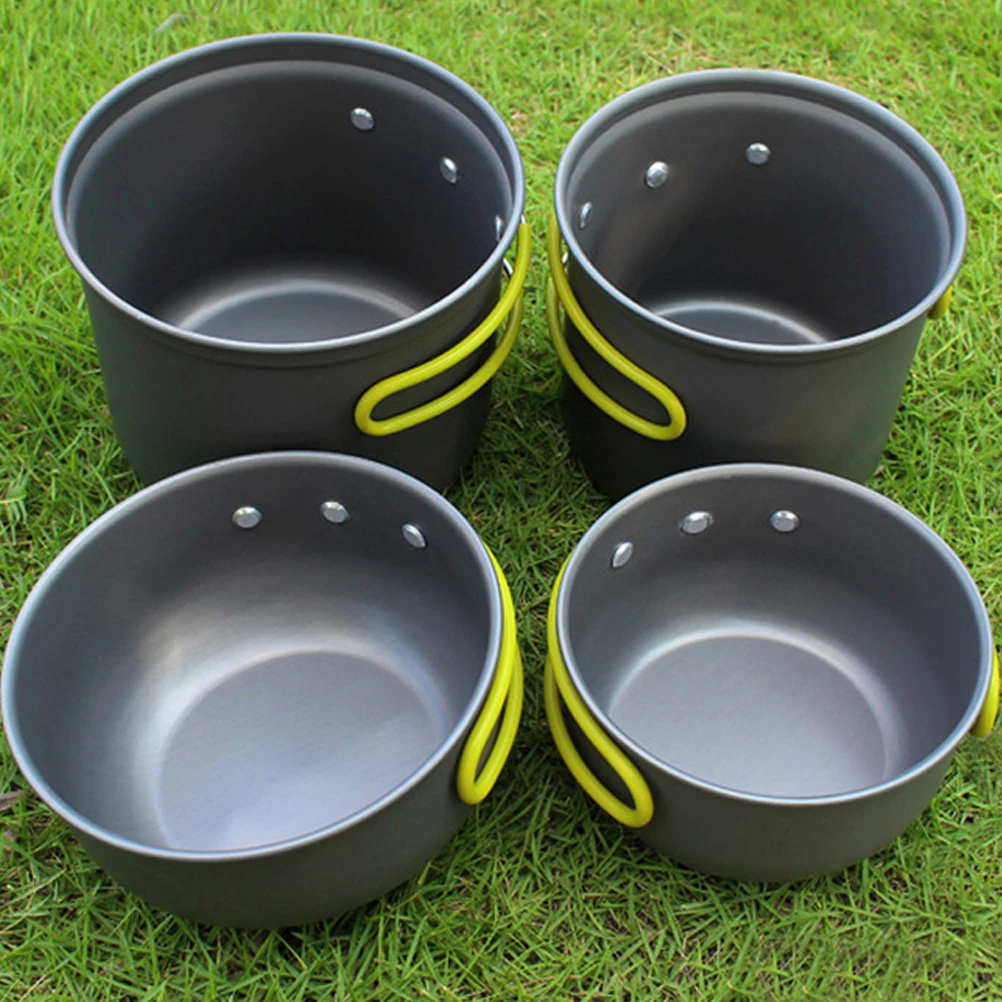

4 pcs 1 Aluminum Alloy Lightweight Portable Outdoor Camping Cookware Set High Temperature Resistant Durable Collapsible Handle