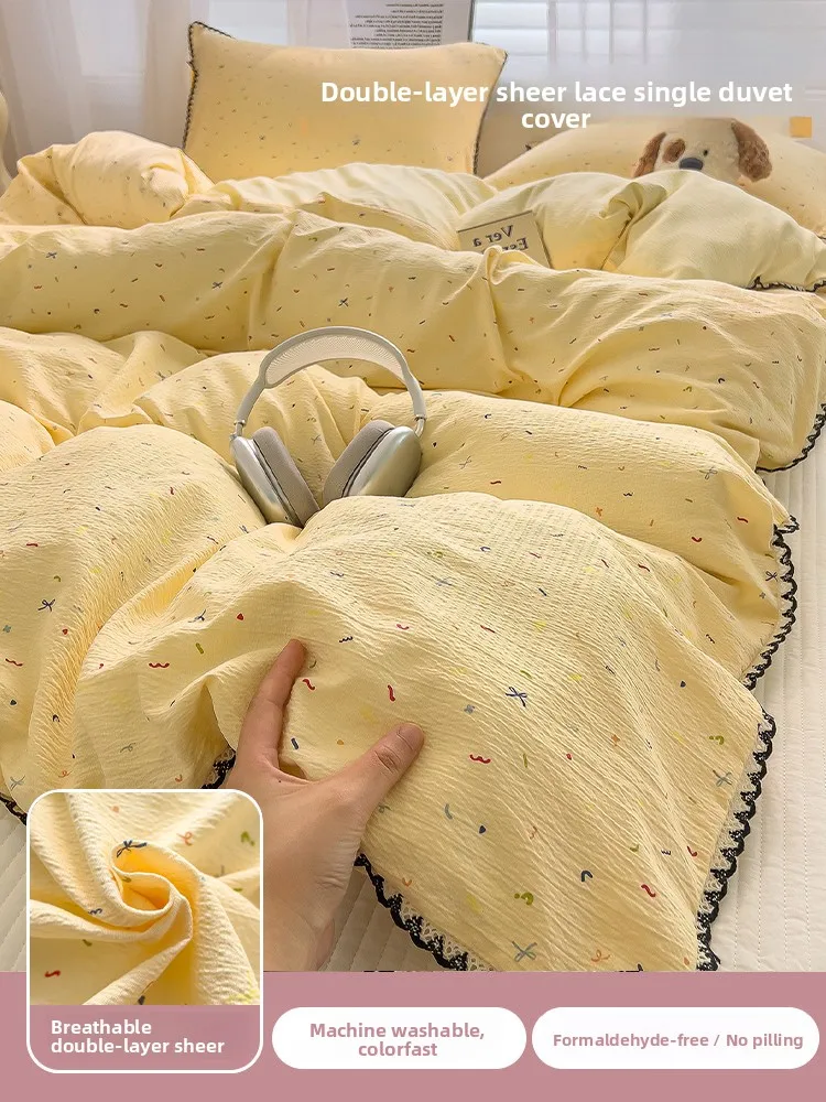 

Новый комплект постельного белья из четырех предметов 2025 года: плиссированный, с цветочным кружевом, всесезонный пододеяльник, для дома и общежития