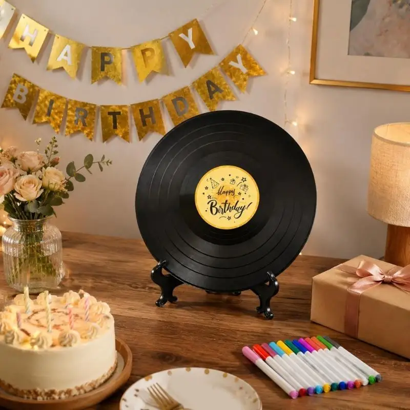 QX2E Black Phonograph Records Birthday Party Decorations, ABS Display Set with Grooved Detailing and Happy Birthday Lettering
