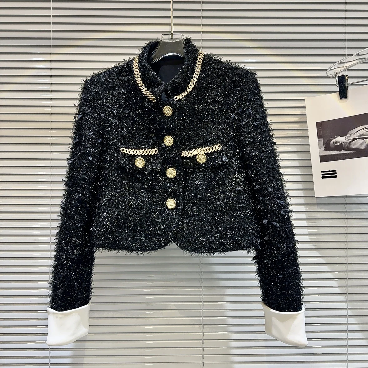 

Women Winter New Fragrant Style Jackets Metal Chain Pocket Bright Silk Tweed Thin Cotton Short Coat