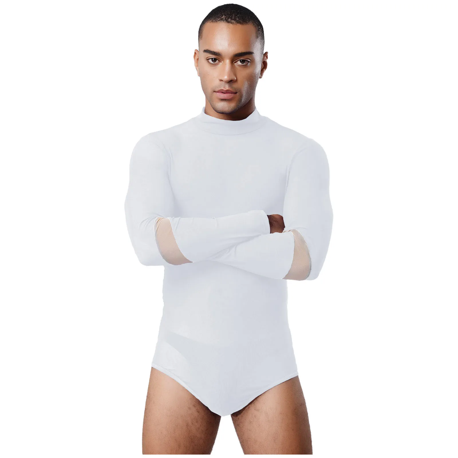 

Adults Men Sheer Mesh Leotard Dance Bodysuits Mock Neck Long Sleeve Back Invisible Zipper Jumpsuit Nightclub Pole Dance Lingerie