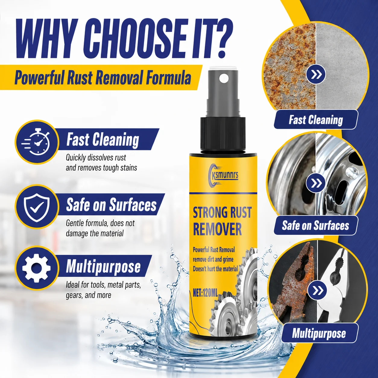 120ml Rust Remover Spray, Fast Dissolve Rust Stains, Multipurpose Metal Rust Cleaner for Tools & Auto Parts
