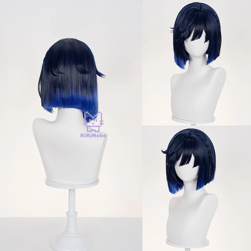 Genshin impacto yelan peruca cosplay gradiente azul cabelo curto para festa comicon adulto mulheres homens