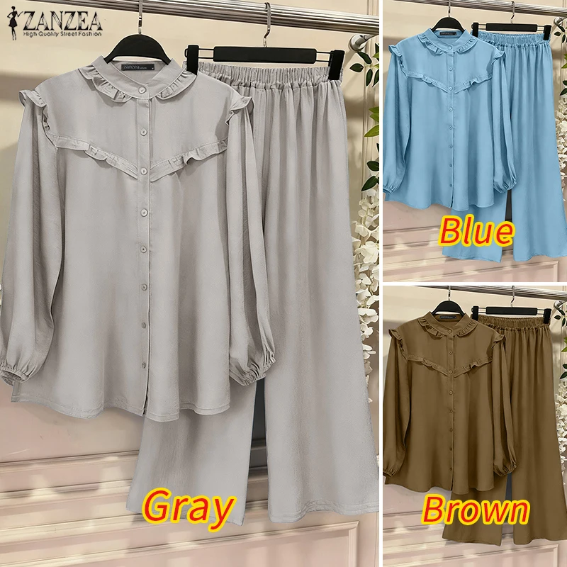 ZANZEA Fashion Women Pant Sets Autumn Spring Casual Long Sleeve Shirt and Long Wide Leg Pants Solid Elegant 2 Piece Outfits 2PCS