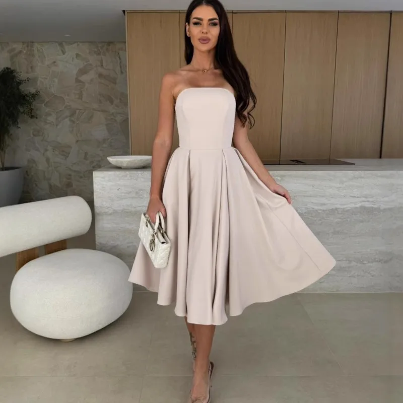 

Elegant Temperament Pleated Dress 2025 Sexy Backless Sleeveless Strapback Dresses Women Fashion Solid Color Party Banquet Dress