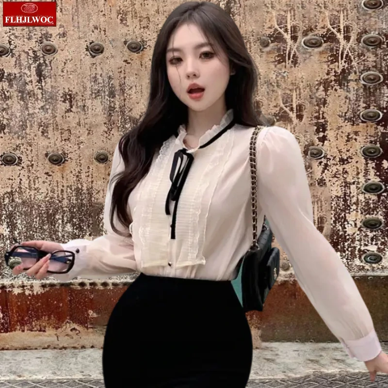 

2025 Romantic Girls Basic Shirts Blouses Women Fashion Long Sleeve Elegant Office Lady Work Solid Ruffled Chic Tops Blusas
