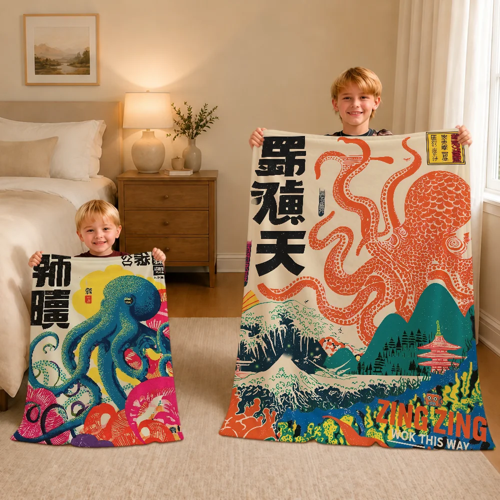 Japanese Pulpo Octopus Art Vintage Warm Soft Plush Blanket For Sofa Living Room Nap Home Bedroom Travel Gift Flannel Pet Hogar