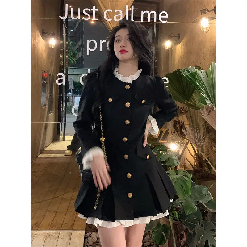 High End Small Fragrant Style Suit Dress Petite and Stylish Waist Cinching Hepburn Style Black Dress